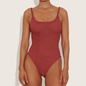 New Hunza G Camille Metallic Swimsuit One Piece Pamela Crinkle Red Rosewood